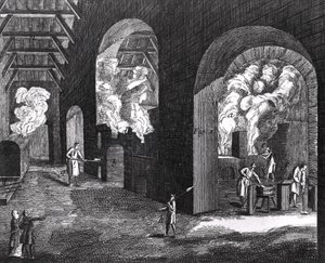 Interior de una fábrica de vidrio de French School